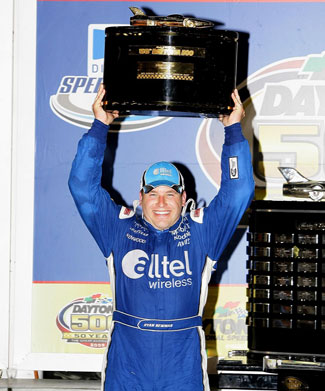 Ryan Newman hoists the Harley J. Earl trophy after winning the 2008 Daytona 500.
