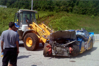 The impact of the testing accident at Road Atlanta destroyed the front end of the No. 2 car.