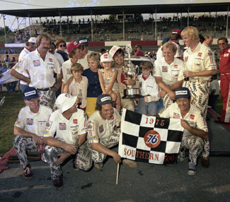 Celebrating with his family and the team, Bobby Allison’s Southern 500 win was his final victory for Team Penske (Photo courtesy of NHOF RJ Reynolds Collection).